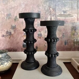 Sagebrook Home Wood Antique Style Candle Holder Black Set of 2.
